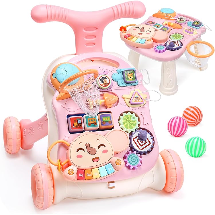Trotteur 2 En 1 Bébé Avec Jouets Montessori - À Partir De 6 Mois, Pneus Caoutchouc Réglables