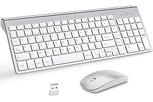 MOOJAY Pack Teclado y Ratón Inalámbricos Ultra Delgado con Almohadilla de Ratón, 2.4G USB Compacto Silencioso con Cubierta, Baterías AA y AAA, para PC/Portatil/Windows-Blanco Plateado