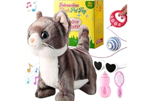 Marsjoy Gray Leash Walking Cat Set Singing That Purrs and Meows Animated Plush Robot Kitten Moving Realistic Stuffed Animal Remote Control Cute Kawai Robotic Kitty Toy for Kid