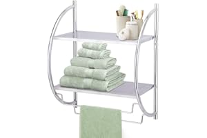 Taylor & Brown 2 Tier Modern Chrome Wall Mounted Curved Bathroom Shelf Shelving Unit With Double Towel Holder Storage Rail Rack - W44 x D25 x H54.5cm