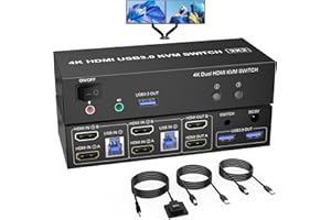 RYTAKI PRO Switch KVM per doppio monitor USB 3.0 HDMI 2 porte, 4K a 60 Hz Switch KVM per display esteso 2 monitor 2 computer con uscita microfono audio e 3 porte USB 3.0, switcher mouse tastiera monitor PC