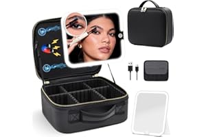 JADAZROR Make-up-Tasche mit magnetischem, abnehmbarem, beleuchtetem Spiegel, 360°-Winkel, Reise-Make-up-Tasche mit Lichtern, tragbare Kosmetiktasche, Organizer, Reise-Zug-Etui