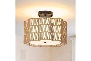 Stepeak lámpara de techo de ratán sala de estar, lámpara de techo boho de 3 luces con pantalla de ratán y lino, lámpara de techo de ratán de granja de bambú, lámpara de techo rústica para dormitorio