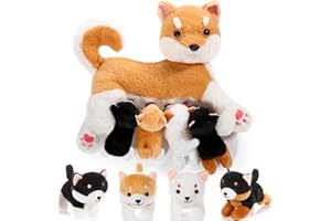 Honoson Pflegender Hund Stofftier mit Welpen Set Stillende Mama Hunde Plüschtier mit 4 Baby Welpen Weiche Süße Kuscheltiere für Mädchen Jungen Kinder Geburtstag Geschenke Party Mitgebsel(Shiba Inu)