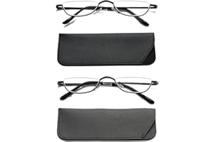 Hubeye 2 Pairs Half Moon Reading Glasses Metal Slim Half Frame Lens Ultra Thin Readers With Spring Hinges for Men and Women 2.00