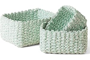 La Jolíe Muse Lot de 3 paniers de Rangement tissés en Papier recyclé pour placards, tiroirs, placards, étagères et Commode, Vert + Blanc