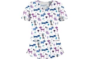 QI_LIANG Scrub Tops Women Print Workwear Medical Short Sleeve Scrub Tee V Neck Shirts Plus Size Nursing Tops with Pockets