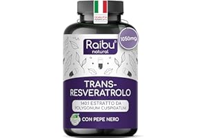 RAIBU Resveratrolo Puro, 1050mg di Trans-Resveratrolo 98% da Polygonum Cuspidatum - Antiossidante Naturale, Alto Assorbimento - Senza Magnesio Stearato né OGM - 60 capsule vegane