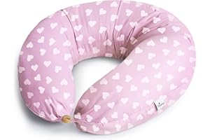 Niimo XXL 2-in-1 Schwangerschaftskissen & Stillkissen - 100% Baumwollbezug mit Faserfüllung, 100% Waschbar, Ergonomisch & Multifunktional, Pink mit weißen Herzen (200 x 70 cm)