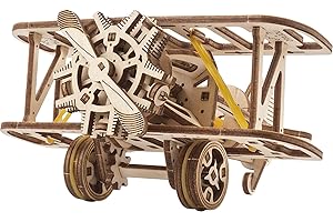 UGEARS Mini Biplano Puzzle 3D in Legno - Kit Modello Meccanico in Legno da Costruire - Puzzle Fai da Te Giocattolo Aeroplano con Motore Modello - Rompicapo Set da Costruzione per Adulti e Bambini