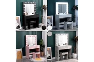 AVC Designs Dressing Table White With 1 Large Drawer & Stool Vanity Makeup Table with Hollywood LED Lights (White)