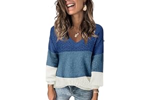 Fisoew Damski sweter z dzianiny z dekoltem w serek, z długim rękawem, prążkowany, lekki sweter szydełkowy na co dzień