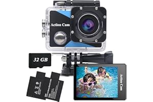 NVGFELIS Cámara Deportiva 1080P Avec Carte Mémoire 32GB, 12MP Cámara de acción con Gran Angula Lente, Cámara Subacuática Impermeable 30M/98FT con 2 Baterías y Accesorios Kit para Casco y Bicicleta, etc. ﻿
