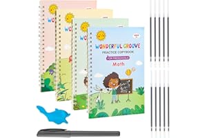 JETOHIX 4 Pieces Magic Practice Copybook for Kids,Reusable Groove Calligraphy for ChildrenMagic Calligraphy That Can Be Handwriting Copybook Tracing Book for Kids 10 Pen Refills,1 Pens,1 Aid Pen Grips