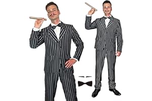 SoWest Men's Gothic Pinstriped Gangster Costume – 1920s Mafia Boss Classic Black Blazer, Trousers, Bow Tie & Moustache Set | Retro Suit Jacket, TV & Film Family Spooky Halloween Fancy Dress