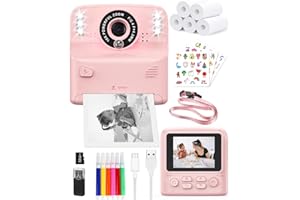 PHNIXGAM Sofortbildkamera Kinder mit 2-Blitzleuchten, Digitalkamera kinderkamera fotoapparat 2.4in HD Kamera Geschenke für Jungen Mädchen, einschließlich 5 Rollen Druckpapier und 32GB Karte, Rosa