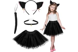 Orgoue Katzenkostüm, Katzenkostüm Kinder Mädchen Katze Cosplay Set Mit Katzenohren-Stirnband, Glockenhalsband, Schwarzem Tutu Und Katzenschwanz Für Karneval Fasching Motto Cosplay Party
