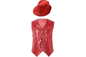 ranrann Unisexe Enfant Gilet Paillette avec Chapeau Paillette Brillant Costume Danse Moderne Jazz Tenue Danse Disco Déguisement Performance Fille Garçon 1-18 Ans