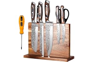 Fsaklaskdy Porte Couteaux Aimanté, Porte Couteaux Cuisine, Bloc Couteaux Magnétique Bois d'Acacia, Aimanté Double Face Porte, Range Couteau de Cuisine avec Aimant Puissant, Antidérapant et Encombrant