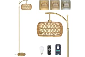 Rayofly Rattan Floor Lamp with Remote Control, Gold Floor Lamp with Dimmable LED Bulb & Foot Switch, Boho Standing Lamp with Double Shades, Modern Floor Lamp for Living Room, Tall Lamp for Bedroom