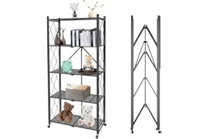 Svkiyang Foldable Storage Shelf Unit on Wheels Large Capacity (No Assembly) Heavy Duty Steel 5-Shelving Organizer Rack for Kitchen, Garage and Laundry Bathroom Tool Organization (Grey, 5 layer)