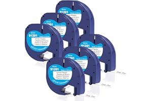 DOREE (6 confezione) etichette 91201,91221 in plastica,12 mm x 4 m, stampa nera su bianco,Compatibile con Dymo Letratag,Dymo LT-100H, LT-100H Plus, LT-100T, LT-100T Plus, LT100-H,200B,QX-50, XM, XR