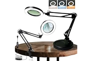 ANGEEK Lupa ze światłem i stojakiem, 10 x lampa LED z zaciskiem, bardzo duża podstawa, lampa biurkowa z 3 trybami kolorystycznymi, możliwość ściemniania, do naprawy, majsterkowania, do czytania