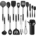 LIANYU 15-Piece Kitchen Cooking Utensils Set with Holder, Silicone Kitchen Tools Stainless Steel Handle, Slotted Spatula Spoon Turner Tong Whisk Brush for Cooking, Black