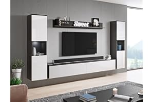 ‎MINIO GO FOR IT MINIO go for it - Wohnwand Parma XL, 4-Teilig Set, mit LED Beleuchtung, Hängend oder Stehend, 2X Highboard, Lowboard, I Wandboard, Laminierte Spannplatte, Farbe: Graphit Matera/Weiß Hochglanz