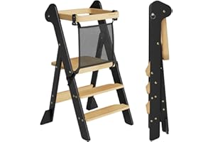 COSYLAND Torre de Aprendizaje Montessori de Madera Plegable Desde 1 Año – Ganadora del Premio iF Design, con Red de Seguridad y Altura Ajustable, Ideal para Cocina y Baño (Negro y Natural)