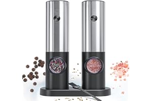 Electric Salt and Pepper Grinder Set, RIGHTWELL 2 PCS Adjustable Coarseness Pepper Grinder Mill with Storage Base and LED Light, Automatic Ceramic Core Salt Grinder for for Kitchen, BBQ, Camping,70ml