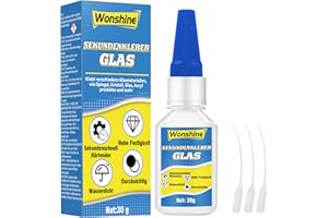WONSHINE Glaskleber Transparent Stark Wasserfest, Sekundenkleber Glas mit Anti-Trocknungsspitze, Kleber für Glas, Acrylglas, Kunst, Spiegel, Kristall und mehr, 30 g