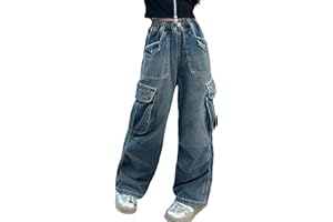 SEAUR Girls Jeans Baggy Denim Cargo Jogging Pants Pantaloni Larghi da Paracadutista per Bambini con Tasche Hip Hop
