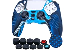 YoRHa Studded Silicone Rubber Gel Customizing Skin Cover for PS5 Controller x 1(Camouflage Blue) With Pro thumb grips x 10