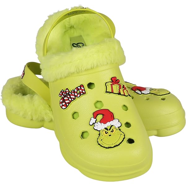 Chaussons Grinch Verts Avec Fourrure - Pour Enfants, Sabots De Jardin Isolants | Décorations 3D De Noël, Idée Cadeau Festive
