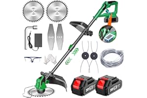 SUAIIOLK Coupe Bordure sans Fil avec Batterie 24V Debroussailleuse Electrique sans Fil avec 2 Batteries et 3 Types de Lames Tête Réglable Poignée Télescopique Coupe Bordures Multifonction Portable,Green,H