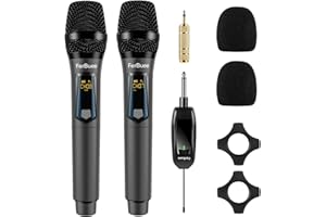 FerBuee UHF Micrófono Inalámbrico Dual Dynamic Micrófono con Receptor y Anillo Antideslizante, Micrófono Inalámbrico, Sistema de Micrófono Inalámbrico para Karaoke, Reuniones, Compere