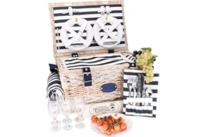 Les Jardins de la Comtesse - Panier Pique-Nique Marine - Complet pour 6 Personnes - Compartiment Glacière Isotherme/Nappe Imperméable - Assiettes en Céramique/Verres à Vin en Verre - 50 x 35 x 26 cm