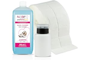 NAILS FACTORY N&BF Nagel Cleaner Set mit Duft 500ml + Dispenser Pumpflasche Schwarz 150ml + 1000 Zelletten Cellulose Pads (2 Rollen à 500 Stück) - 70% Isopropanol-Alkohol – für Gelnägel – Nagelreiniger (Kokosnuss)