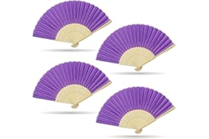 Grantop 4 Pcs Black Folding Hand Fan, Silk Fabric Bamboo Ribs Handheld Fan, Folding Chinese Fan for Wedding Christmas Party Prom Festival DIY Home Decorations (Purple)
