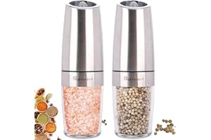 Sjpzwcrl Macina Pepe e Sale Elettrico Macinapepe: a Gravità Automatica Trita Pepe Da Fino A Grossolano a Batteria con LED luce Macinino per Spezie Acciaio Inossidabile 2 Pezzi (Bianco)