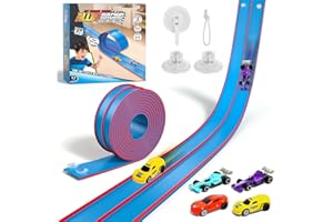 Sunrad Flexible Autorennbahn 4,5 Meter mit 4 Spielzeugautos, 2 Saugnäpfen & Dual Rampen - Rennstrecke für 1/64 Autos, Rennbahn Spielzeug Geschenk für Kinder ab 3 4 5 6 7 Jahre Jungen und Mädchen