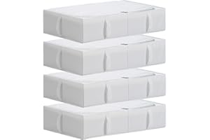 TYEERS Caja de Almacenaje Bajo la Cama con Tapa, Tela Duradera, Lavable, Plegable, Organizador Armario para Ropa, Mantas, Sábanas, Zapatos, 70x42x18 cm, Paquete de 4, Blanco