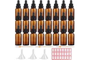 YOUNTHYE 24PCS Glass Dropper Bottles, 50ml Empty Amber Bottles with 3 Glass Pipette, 3 Funnels, 24 Labels, Refillable Dropper Bottle for Essential Oils Perfumes Chemistry Lab