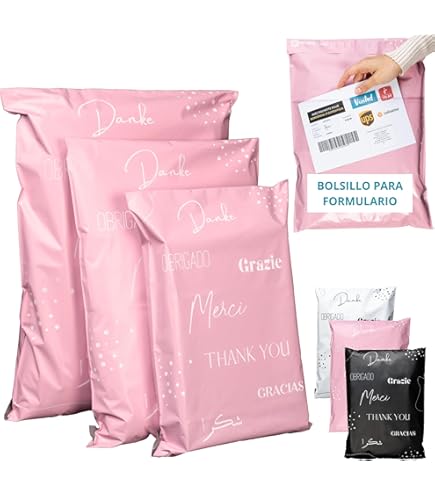 100 Bolsas Postales Plástico Autoadhesivas – Tamaño 35x45 Cm + 4 Cm Solapa, Color Rosa Por Fuera, Blanco Por Dentro