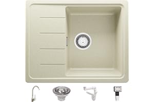 Fregadero Cocina 62 x 50 cm, Fregadero Granito Un Seno + Grifo + Sifón Clásico, Fregadero Empotrado con Escurridor Copenhagen 620 de Primagran, Beige