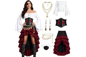 Medeltida piratdräkt dam set för halloween karneval | Piratkostym damer med halsband bältessmycken ögonmask örhängen, medelti