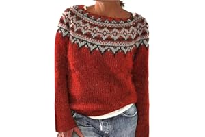 HRJXFPT Fairisle Jumper Women Norwegian Fair Isle Jumpers for Women UK Women's Retro Art Printed Chenille Knitted Sweaters Round Neck Halloween Christmas Casual Ski Long Sleeve Tops Travel Essentials Pullover