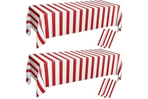 PIXHOTUL 4 Pieces Carnival Table Cloths, Red and White Stripe Tablecloths, Red Plastic Table Cover, Circus Theme Party Decorations for Carnival, Movie Night, Kid's Birthday, Picnic, 130 x 220cm