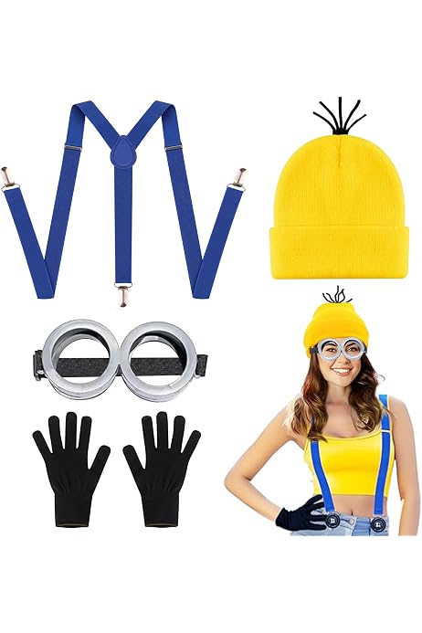 Minion Halloween Kostüm Set – Inkl. Mütze, Brille, Handschuhe, Hosenträger & Knöpfe, Für Damen, Herren & Kinder